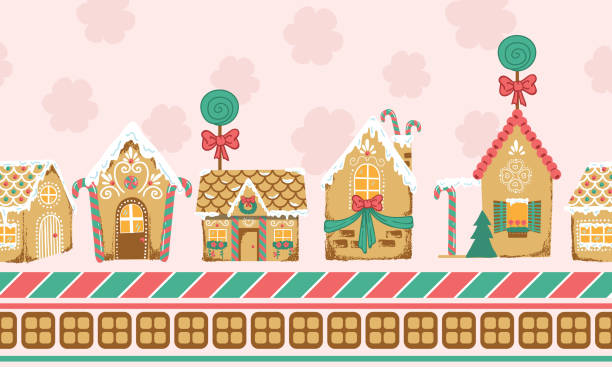 Cute Ginger Bread Houses Vector Seamless Horizontal Border A holiday vector seamless border gingerbread house stock illustrations