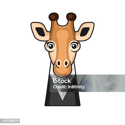istock Cute Giraffe Face with Tuxedo and Bowtie Cartoon Style on White Background. Vector 1311138579