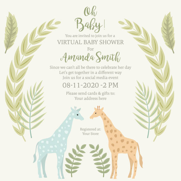 Cute Giraffe Jungle Animals Baby Shower Invitation Pastel nursery safari animal with tropical plants. Flat color with grouped elements for easier editing. pregnant borders stock illustrations