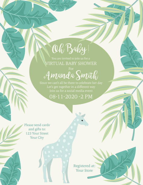 Cute Giraffe Jungle Animals Baby Shower Invitation Pastel nursery safari animal with tropical plants. Flat color with grouped elements for easier editing. pregnant borders stock illustrations