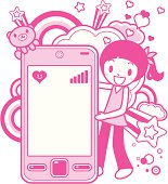 Vector illustration – Cute girl and bear toy with cell phone design element.