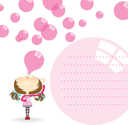 Cute girl blowing bubbles. Invitation, greeting card