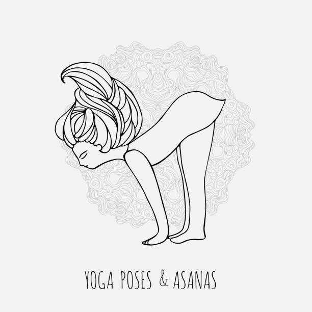 illustrazioni stock, clip art, cartoni animati e icone di tendenza di ragazza carina che fa yoga. pose yoga e asana in stile disegnato a mano. donna che fa esercizi di yoga. yoga e relax, illustrazione vettoriale doodle. la donna dello yoga posa. - capo sounion