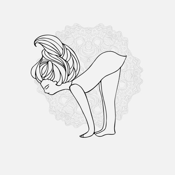 illustrazioni stock, clip art, cartoni animati e icone di tendenza di ragazza carina che fa yoga. pose yoga e asana in stile disegnato a mano. donna che fa esercizi di yoga e relax, illustrazione vettoriale doodle. la donna dello yoga posa. - capo sounion