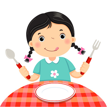 Cute girl holding a spoon and fork with empty white plate on white background