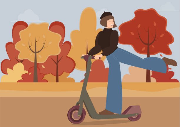 illustrazioni stock, clip art, cartoni animati e icone di tendenza di una ragazza carina in berretto e jeans a gamba larga cavalca uno scooter, alza la gamba e sorride - autunno energia