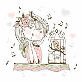 A cute girl listens to her bird singing in a cage. Vector.