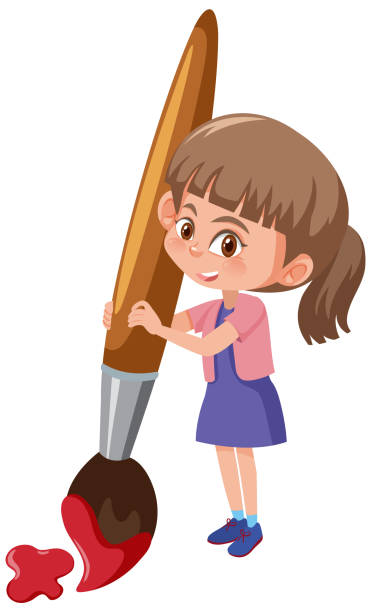 Cute girl painting with giant paintbrush vector art illustration