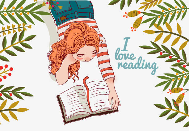 ilustrações de stock, clip art, desenhos animados e ícones de cute girl reading a book in the garden - kid reading outside