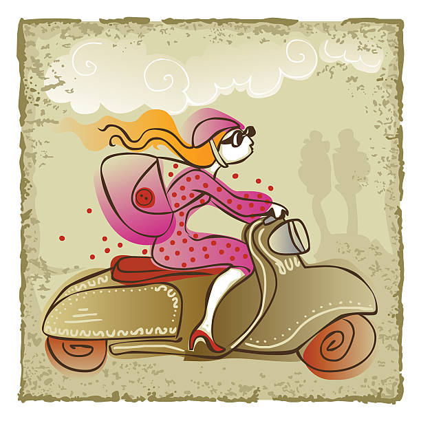 cute girl riding a scooter vector art illustration