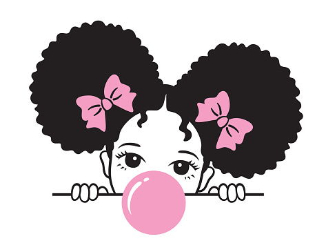 Cute Girl with Afro Puff Hair Blowing Bubble Gum