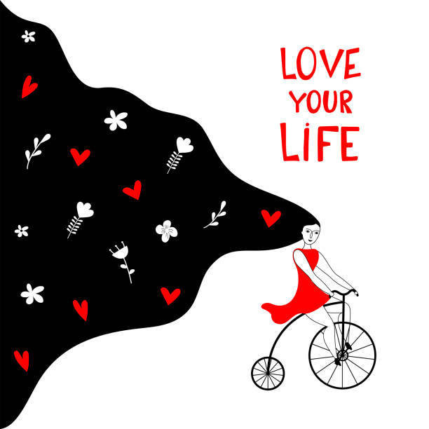 Cute girl with bicycle. Love your life concept. Cute girl with bicycle. Love your life concept. Vector hand drawn illustration. big fat girl drawing stock illustrations