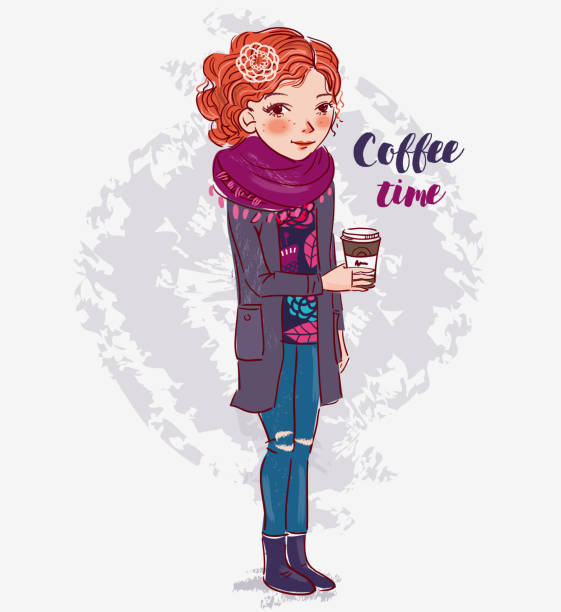 ilustraciones, imágenes clip art, dibujos animados e iconos de stock de linda chica con una taza de café - curley cup