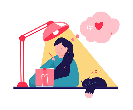 Cute Girl Writing In Journal Or Diary Vector Cartoon Illustration With Woman At The Table And Sleeping Cat Stock Illustration - Download Image Now - iStock
