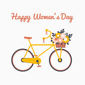 Cute girly bike with a basket full of spring flowers. Vector Greeting card for Happy Women's day, March 8
