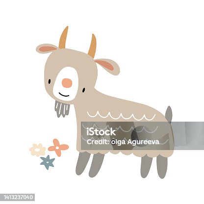istock Cute goat with flowers. Vector illustration of a pet on a white background for your design 1413237040