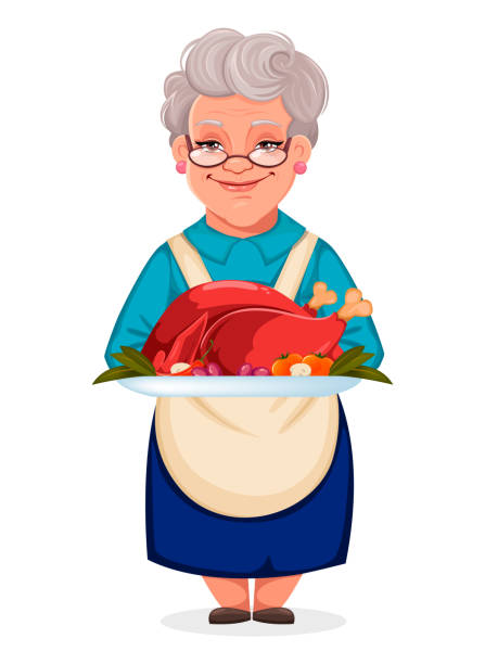 süße großmutter hält teller mit gekochtem truthahn - oma kocht stock-grafiken, -clipart, -cartoons und -symbole