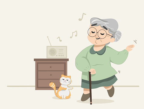 Cute granny dancing on the song on radio. Little cat joining granny while dancing. Cute modern flat vector illustration.