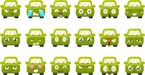 Cute green car cartoon characters showing different emotions sett, funny emoji for site, video, animation, websites, infographics, messages, comics, newsletters