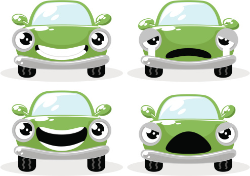 Cute green car in various moods, Happy, Crying, Angry