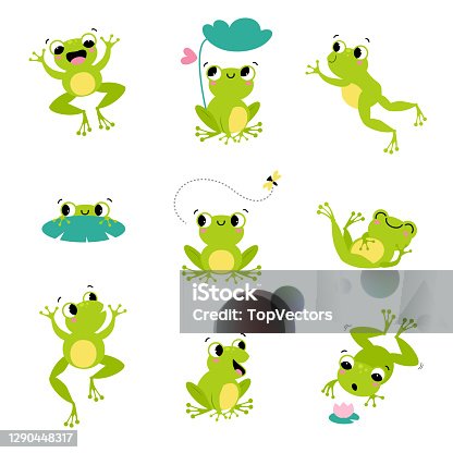 istock Cute Green Frog Smiling, Jumping, and Croaking Vector Set 1290448317