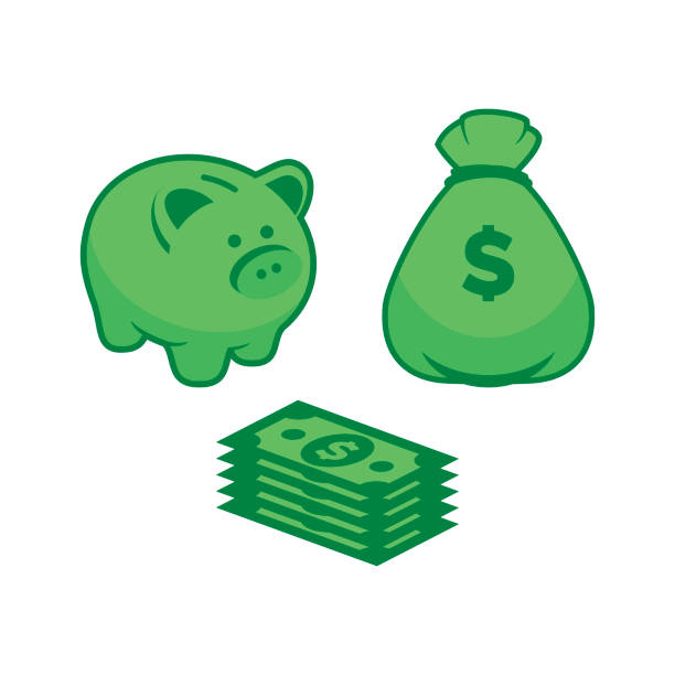 Cute green saving piggy bank, money bag and paper dollar currency icon set vector Financial symbol vector icons isolated on a white background pig clipart stock illustrations