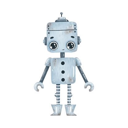 Cute grey robot with big eyes on a white background