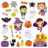 Halloween clipart set with cute cartoon characters of children, pumpkins and other holiday symbols