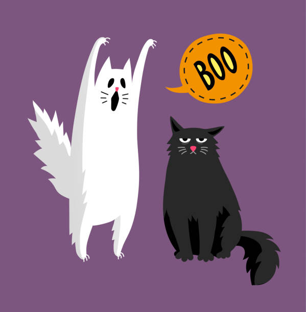 bildbanksillustrationer, clip art samt tecknat material och ikoner med söta halloween spöke och svart katt - boring date