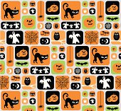 Retro Halloween repeat pattern on grey background. Cute characters - owls, ghosts, cats, jack - o- lanterns, bats and spiders patterns.