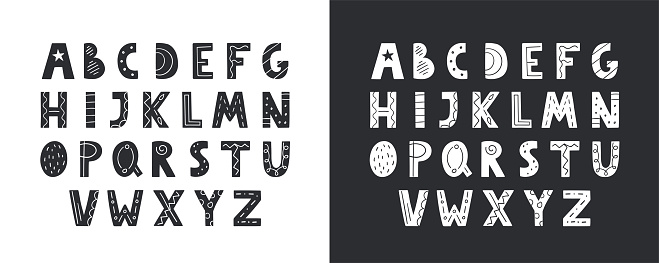 Cute hand drawn alphabet in vector. Doodle letters for your design. Black and white version.