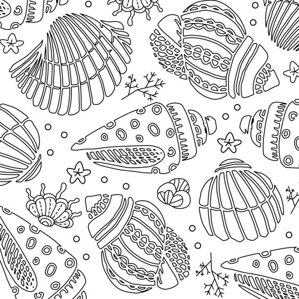 Cute hand drawn coloring pages  for kids and adults. Hand drawn coloring page for kids and adults. Summer beach, sea shells, starfish, ocean. Beautiful drawing with patterns and small details. Coloring book pictures. Vector quote coloring pages stock illustrations