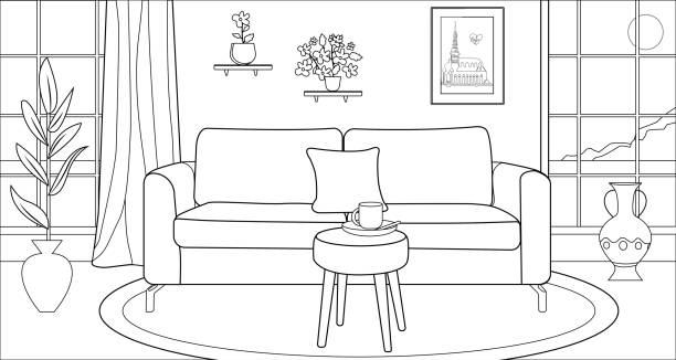 Cute hand drawn coloring pages  for kids and adults. Living room in apartment. Interior Room with furniture: sofa, houseplant, window, curtains, coffee cup and pictures on wall. Hand drawing coloring book page for kids and adults. quote coloring pages stock illustrations
