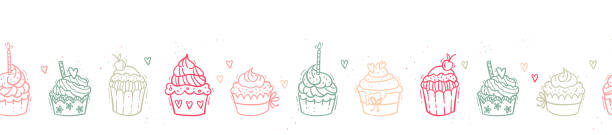 Cute hand drawn cupcakes seamless pattern, sweet background, great for textiles, banners, wallpapers, wrapping - vector design Cute hand drawn cupcakes seamless pattern, sweet background, great for textiles, banners, wallpapers, wrapping - vector design breakfast borders stock illustrations