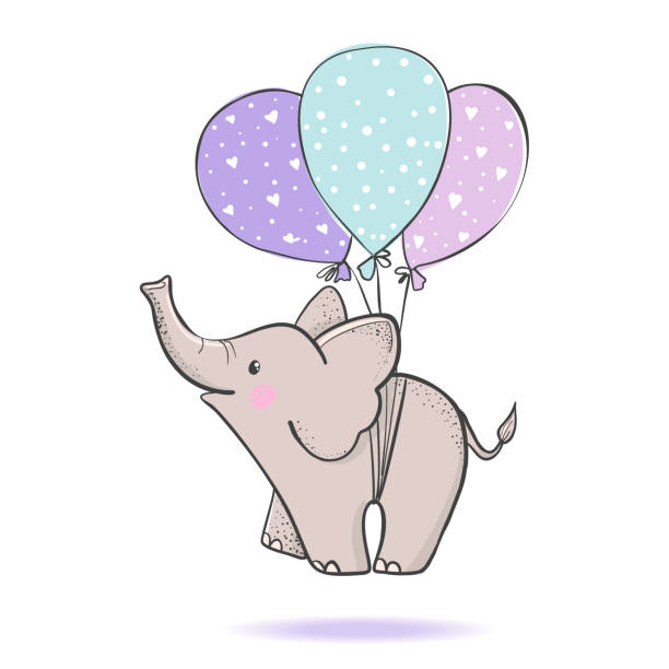 Cute hand drawn elephant flying on balloons. Cute hand drawn elephant flying on balloons isolated on white background. Design element for baby shower greeting cards, t-shirt print and etc. Vector illustration. elephant stock illustrations