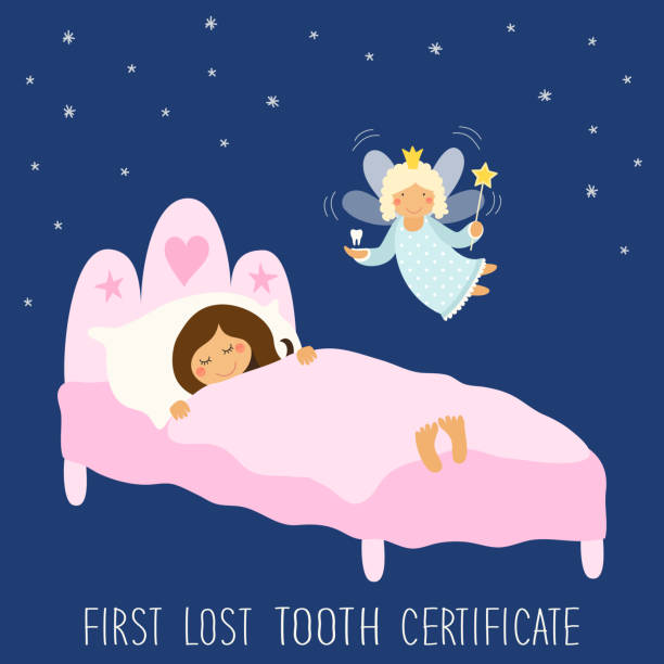 ilustrações de stock, clip art, desenhos animados e ícones de cute hand drawn first lost tooth certificate as sleeping kid and funny smiling cartoon character of tooth fairy - lost first