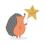 Cute hand drawn hedgehog holding a balloon star with the inscription Be Joyful. Christmas concept. Flat illustration for greeting card design.