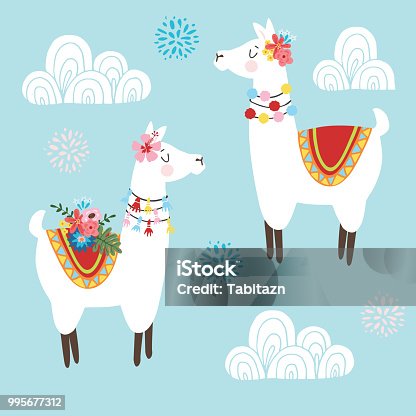 istock Cute hand drawn lama alpaca or guanaco with ornametal clouds and flowers. Tribal kids South American design. Vector illustration background. 995677312