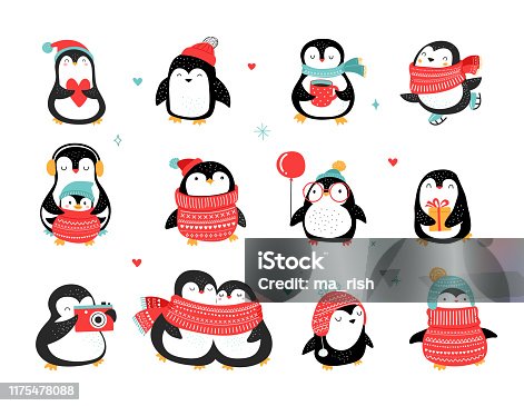istock Cute hand drawn penguins collection, Merry Christmas greetings. Vector illustration 1175478088