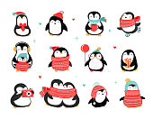 istock Cute hand drawn penguins collection, Merry Christmas greetings. Vector illustration 1175478088