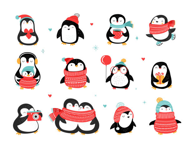 süße handgezeichnete pinguine sammlung, frohe weihnachten grüße. vektor-illustration - penguin stock-grafiken, -clipart, -cartoons und -symbole