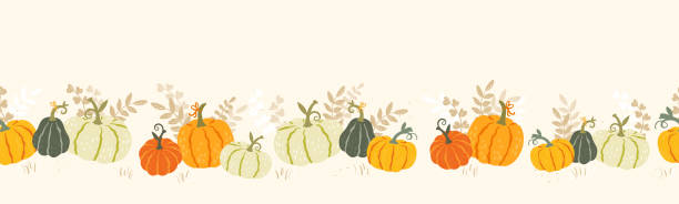 Cute hand drawn pumpkin horizontal seamless pattern, hand drawn pumpkins - great as Thanksgiving background, textiles, banners, wallpapers, wrapping - vector design Cute hand drawn pumpkin horizontal seamless pattern, hand drawn pumpkins - great as Thanksgiving background, textiles, banners, wallpapers, wrapping - vector design autumn borders stock illustrations