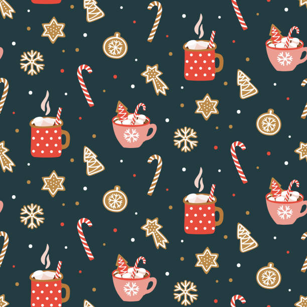 bildbanksillustrationer, clip art samt tecknat material och ikoner med söt hand dragna sömlösa mönster med kakao, marshmallow och jul cookies. vector formgivningsmall för förpackning av papper, tyg, tapet, etc. - pepparkaka