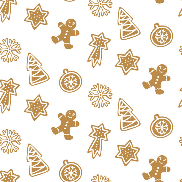 niedliche hand gezeichnete nahtlose muster mit cookie. lebkuchen auf weißem hintergrund hintergrundbild wiederholen. vektor-design für die weihnachtszeit. - lebkuchen stock-grafiken, -clipart, -cartoons und -symbole