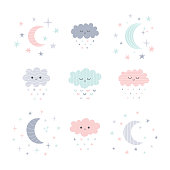 Cute hand drawn smiling clouds and moon with stars. Funny weather theme. Vector illustration