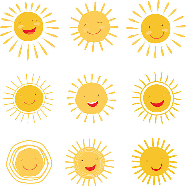 ilustrações, clipart, desenhos animados e ícones de bonito desenho à mão do sol coleção de vetor com personagem - criança sorrindo