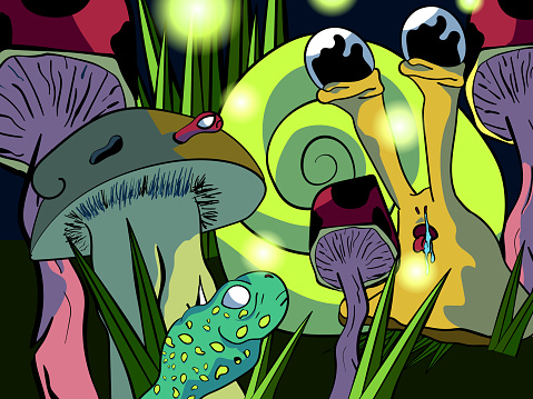 Cute hand-drawn cartoon color illustration - Snail among mushrooms.