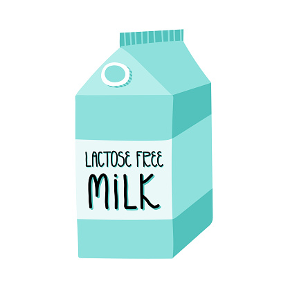 Cute hand-drawn lactose free milk and in a carton box pack with lettering. Vector cartoon style isolated illustration.
