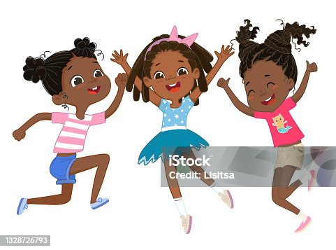 istock Cute happy african american girls play together, jumping and dancing fun against the background. Laughing girls, vector background for poster, cover, etc. 1328726793