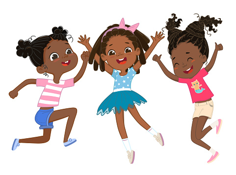 Cute happy african american girls play together, jumping and dancing fun against the background. Laughing girls, vector background for poster, cover, etc.